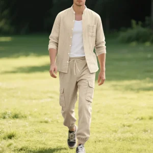 Men's Linen Button Long Sleeved Shirt and Pants Set